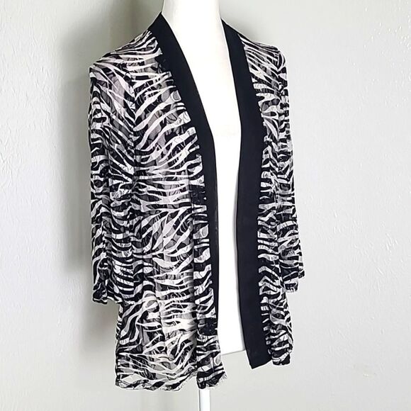 Slinky Brand Black & White Cardigan Sheer Top, Criss-Cross Cut-outs, Sz Small - Picture 2 of 9